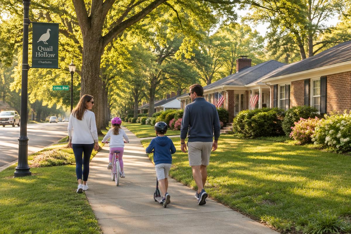 Illustration of a family walking and biking through a tree-lined Charlotte neighborhood