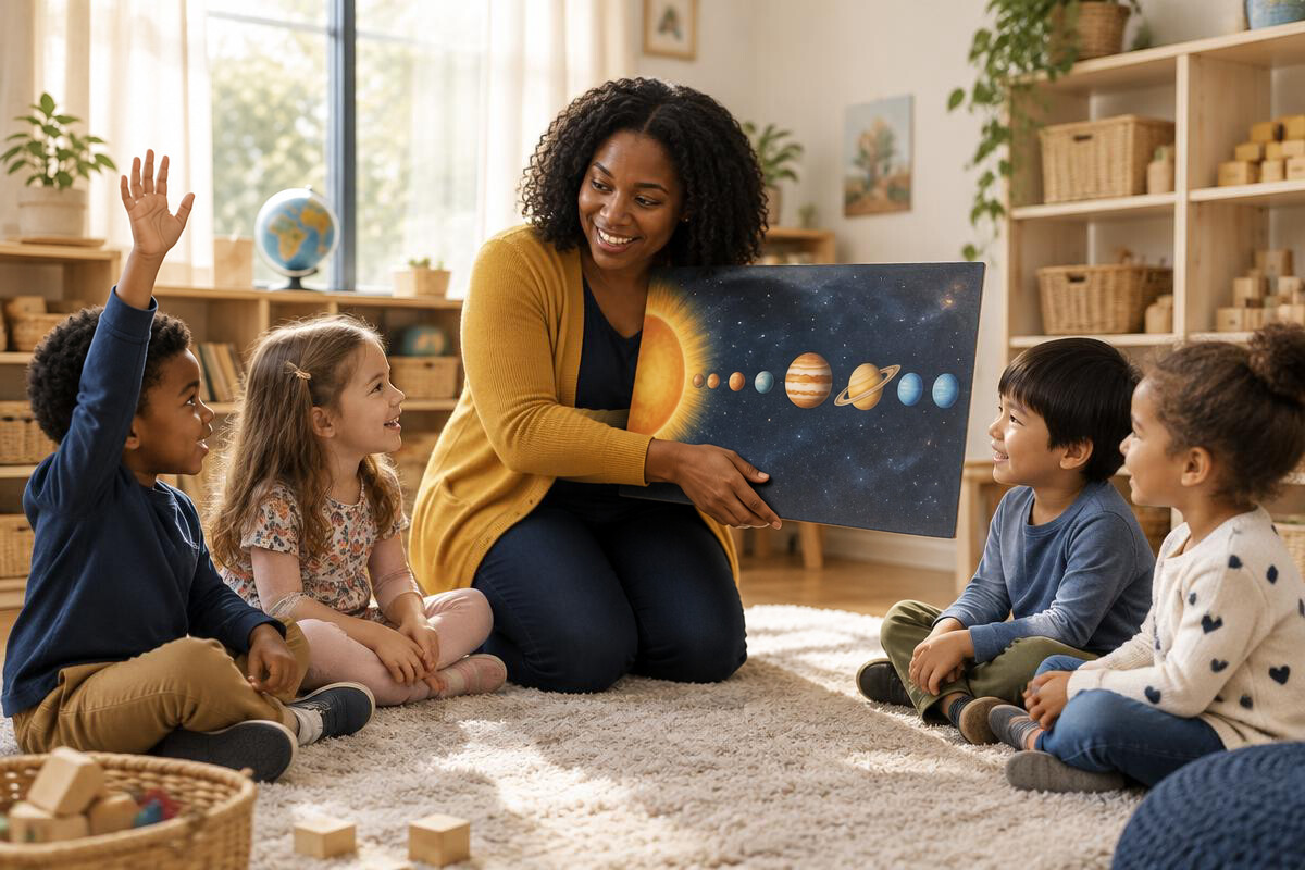A JKA teacher showing preschoolers a chart of the solar system while a child raises a hand